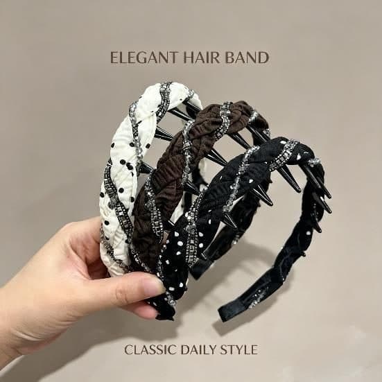Ruffled Rhinestone Headband with Teeth, Brown and Cream
