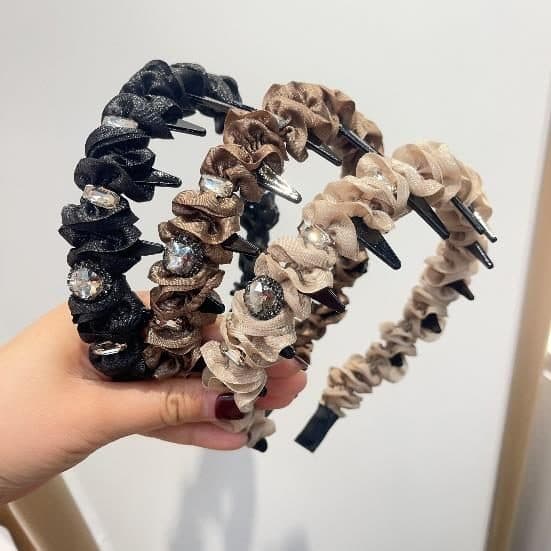 Ruffled Crystal Headband with Teeth, Black and Ivory Pair