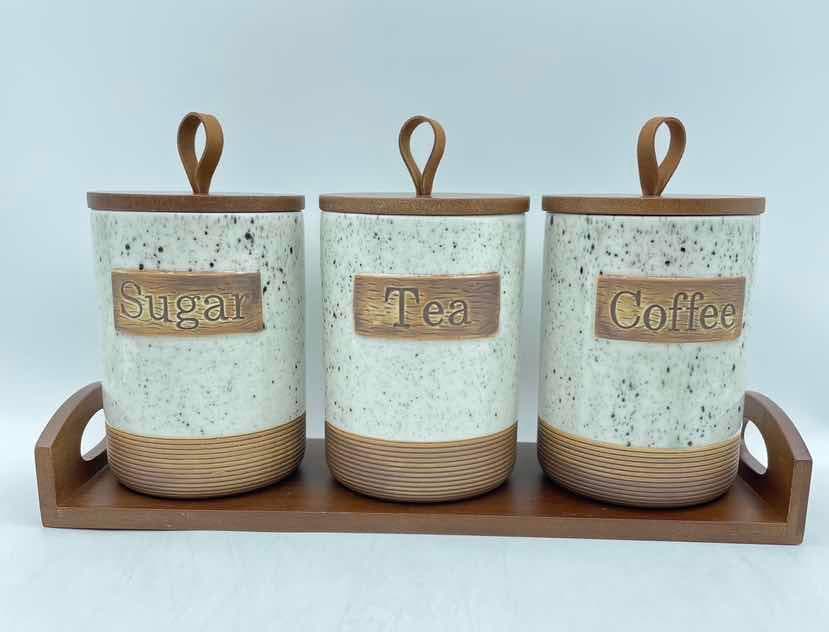 3-Piece Speckled Rustic Ceramic Sugar, Tea and Coffee Canister Set with Wooden Lids