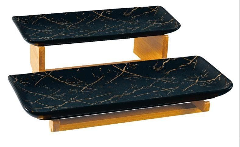 Two-Tier Black Marble-Effect Ceramic Serving Platter on Bamboo Stand