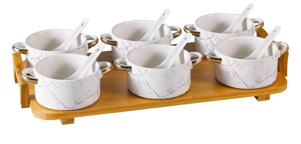 6-Piece Marble-Effect Ceramic Dip Bowl Set with Spoons on Bamboo Tray