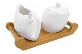 Ceramic Creamer and Sugar Bowl Set on Bamboo Tray
