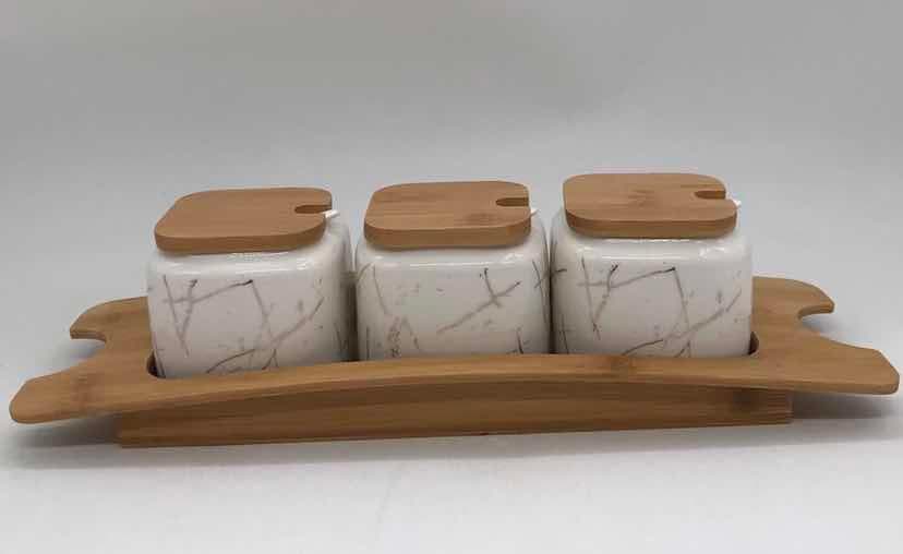 3-Piece Marble-Effect Ceramic Condiment Jar Set on Curved Bamboo Stand, White