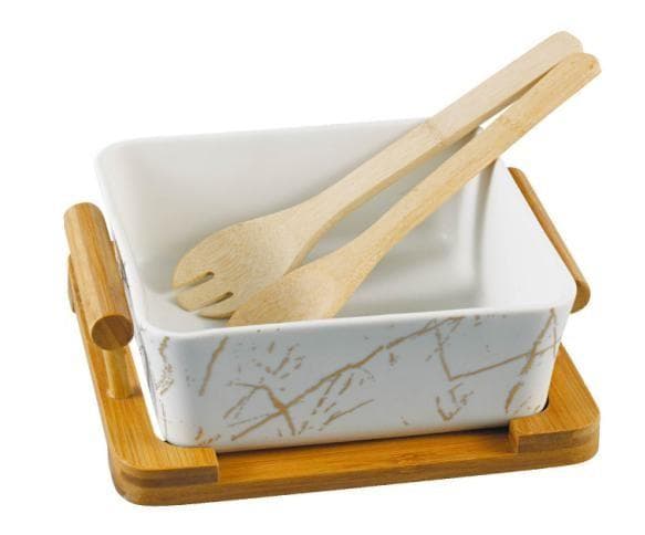 Marble-Effect Rectangular Ceramic Baking Dish with Bamboo Servers and Base