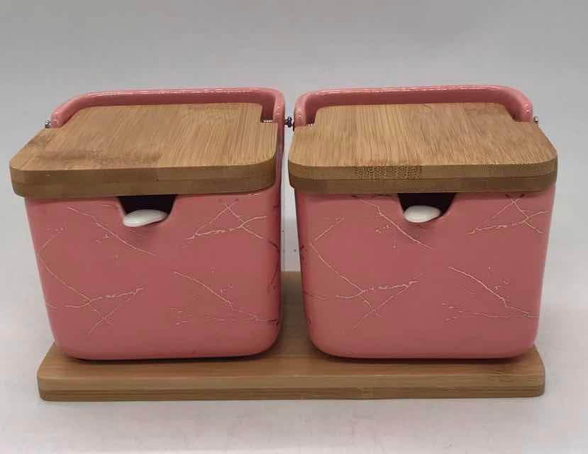 2-Piece Large Marble-Effect Ceramic Storage Jar Set with Bamboo Lids, Pink
