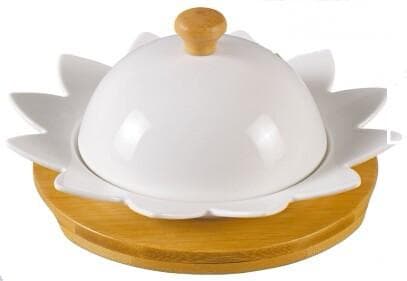 Lotus-Shaped Ceramic Butter Dish with Dome Lid on Round Bamboo Board, Large