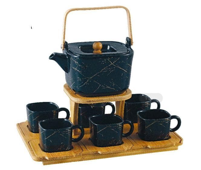 Black Marble-Effect Ceramic Teapot with Warmer Stand and Six Cups on Bamboo Tray