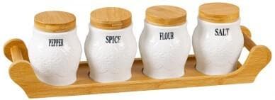 4-Piece Embossed Ceramic Canister Set with Bamboo Lids on Bamboo Tray