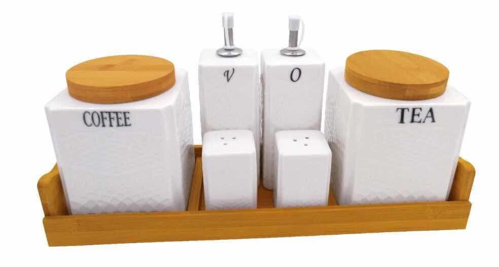 4-Piece Ceramic Coffee, Tea, Salt and Pepper Canister Set on Bamboo Tray