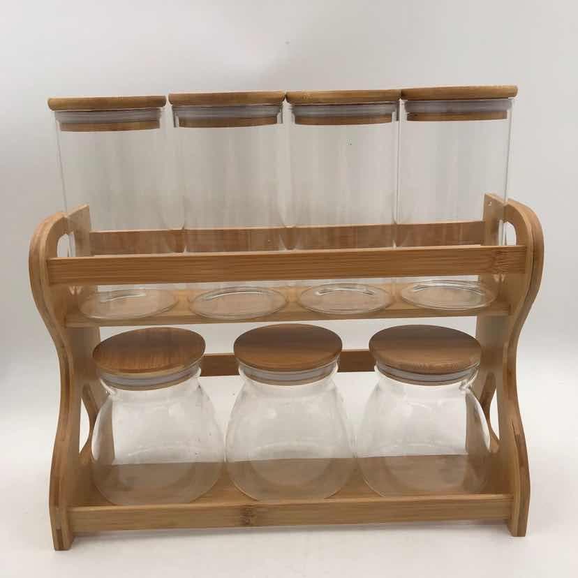 7-Piece Glass Storage Jar Set with Bamboo Lids on Two-Tier Bamboo Rack