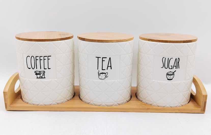 3-Piece Basketweave Ceramic Coffee, Tea and Sugar Canister Set on Bamboo Tray