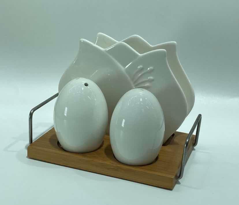 Egg-Shaped Ceramic Salt and Pepper Shaker Set with Napkin Holder on Bamboo Base