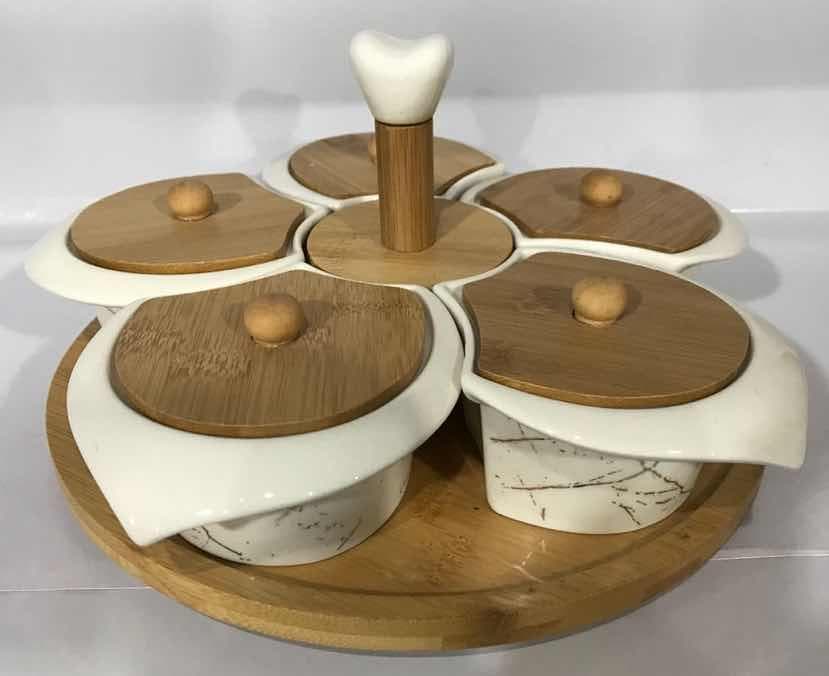 5-Piece Marble-Effect Lidded Ceramic Dish Set on Rotating Bamboo Base with Handle