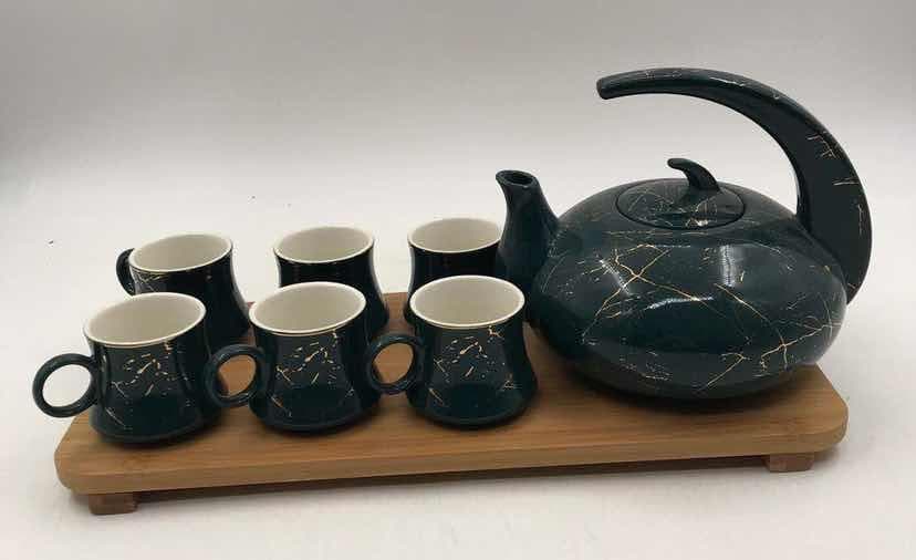 Black Marble-Effect Ceramic Teapot and Six Cup Set on Rectangular Bamboo Tray