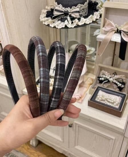 Narrow Check Print Headband, Brown Tones
