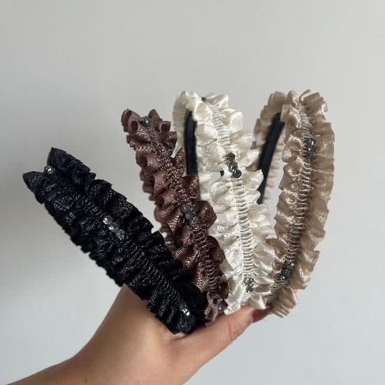 Ruffled Headband with Crystals, Cream and Brown