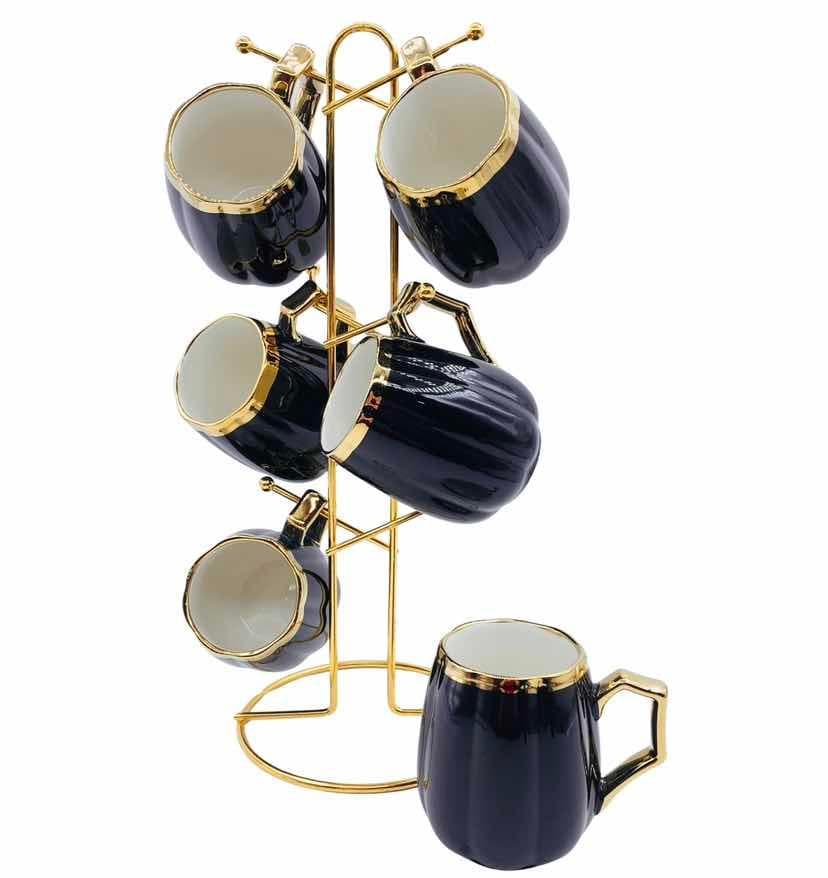 6-Piece Gold-Rimmed Scalloped Ceramic Mug Set on Gold Metal Mug Tree, Black