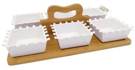 4-Piece Scalloped Ceramic Serving Dish Set on Bamboo Tray with Handle