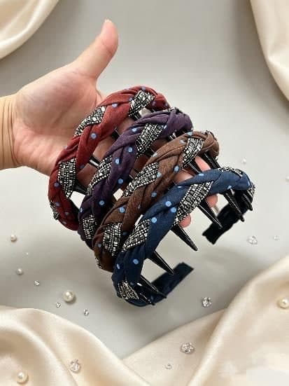 Pleated Rhinestone Headband with Teeth, Wine and Navy