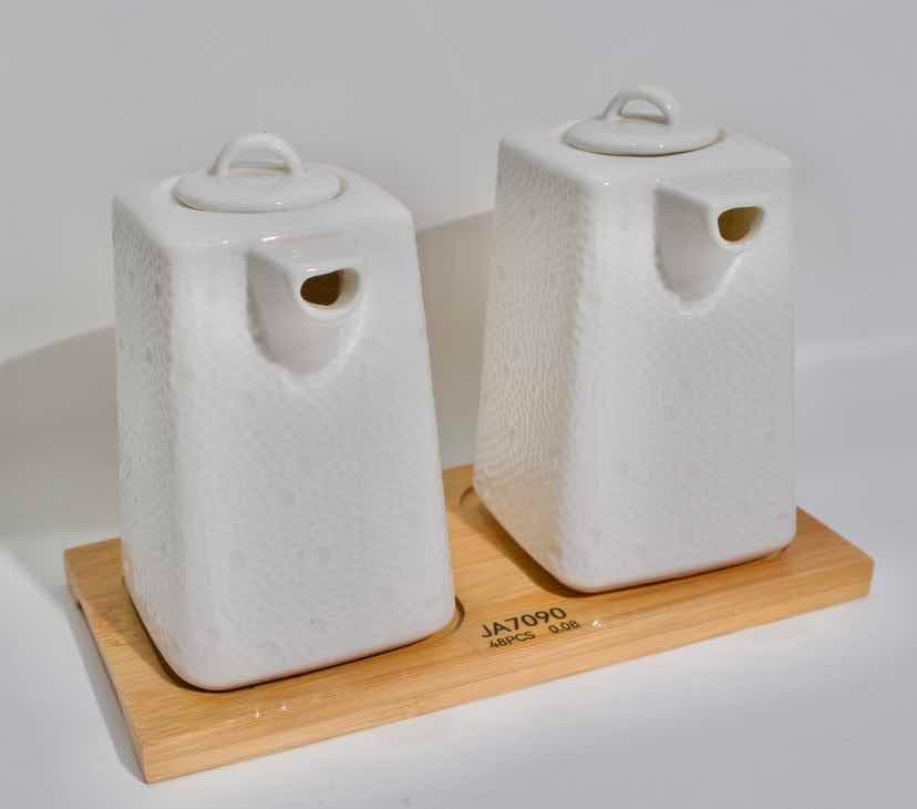2-Piece Square Ceramic Oil and Vinegar Jug Set on Bamboo Tray