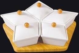 5-Section Star Ceramic Serving Set with Bamboo Lids on Base