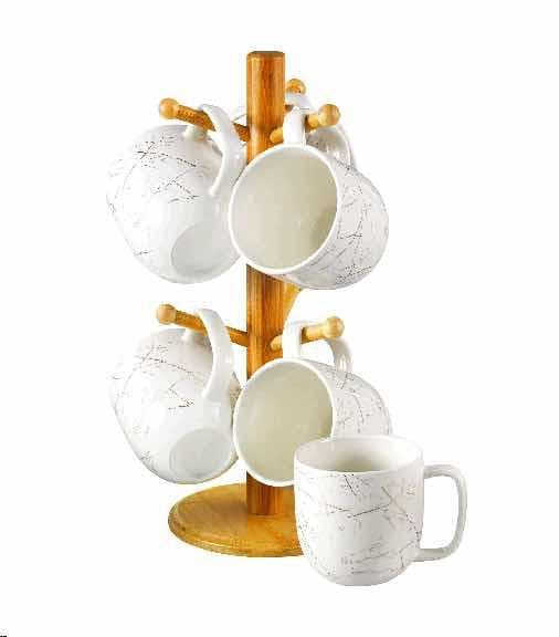 6-Piece Round Marble-Effect Ceramic Mug Set on Bamboo Mug Tree