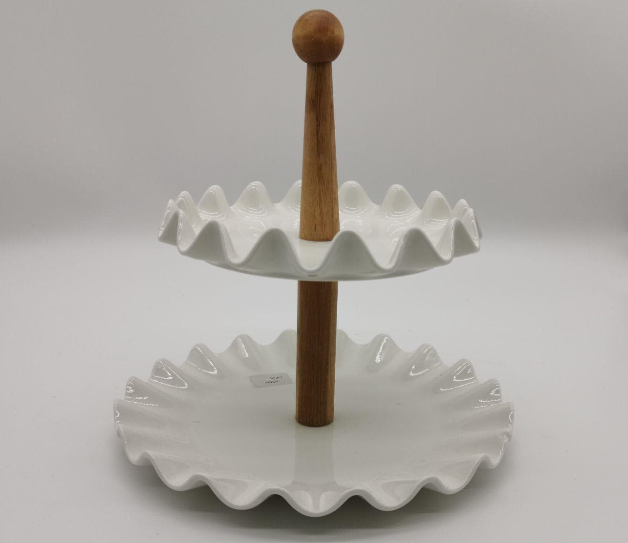 Two-Tier Ruffled Ceramic Cake Stand with Wooden Centre Handle