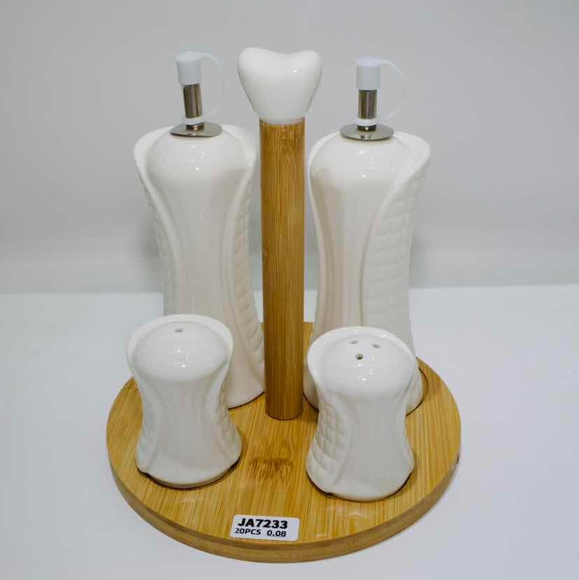 Ceramic Oil and Vinegar Set with Shakers on Round Bamboo Stand