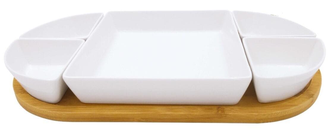 3-Section Ceramic Serving Dish Set on Oval Bamboo Tray