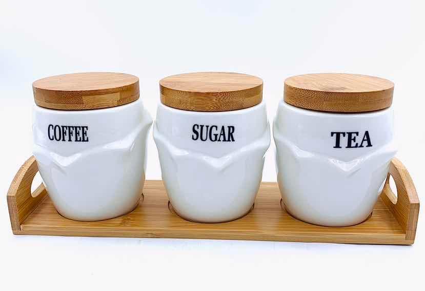 3-Piece Faceted Ceramic Canister Set with Bamboo Lids on Bamboo Tray