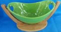 Ceramic Serving Bowl with Handles on Curved Bamboo Cradle