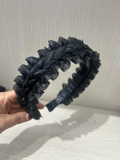 Lace Ruffle Headband with Rhinestone Trim, Black