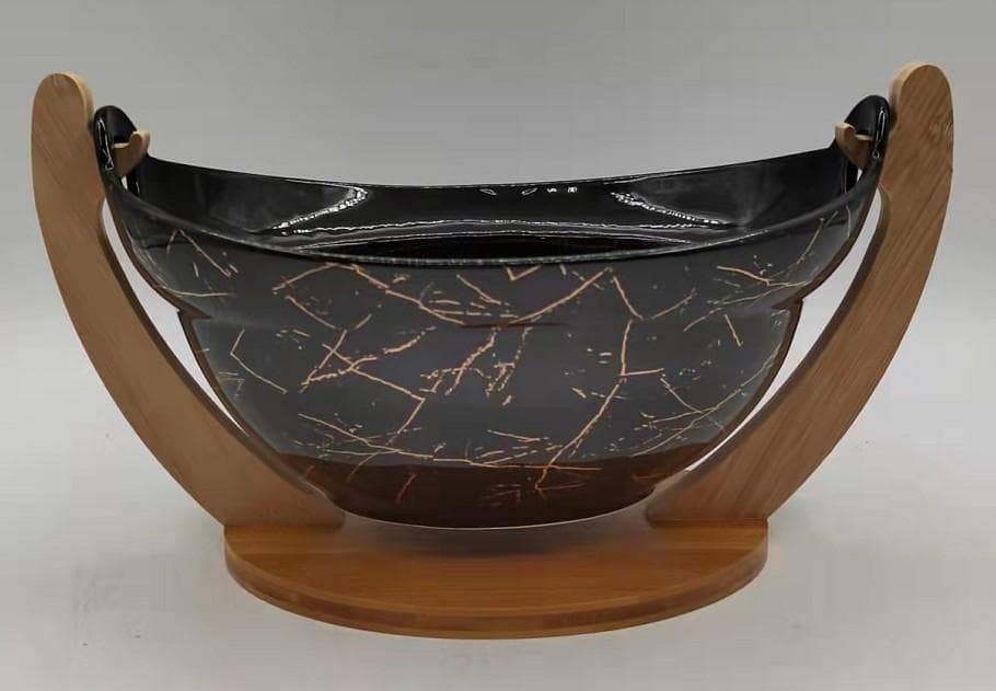 Black Marble-Effect Ceramic Fruit Bowl on Curved Bamboo Cradle, Medium