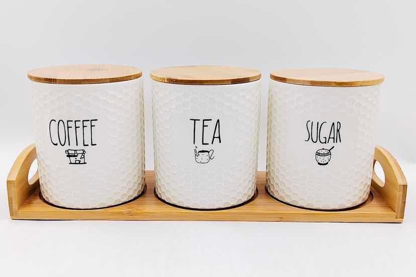 3-Piece Embossed Ceramic Coffee, Tea and Sugar Canister Set on Bamboo Tray