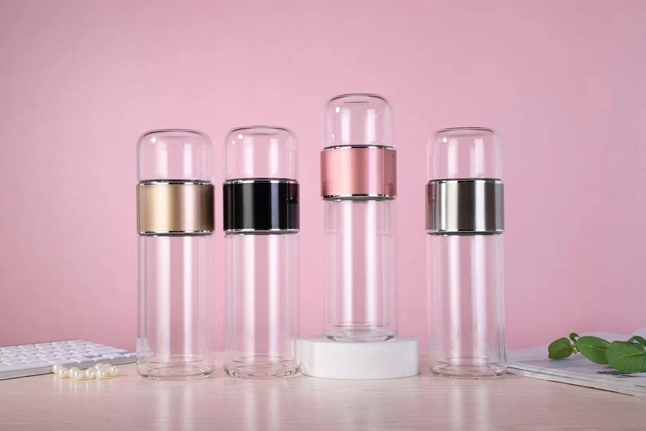 Diwangxin SY101 Double-Wall Glass Bottle with Metal Collar, 400ml