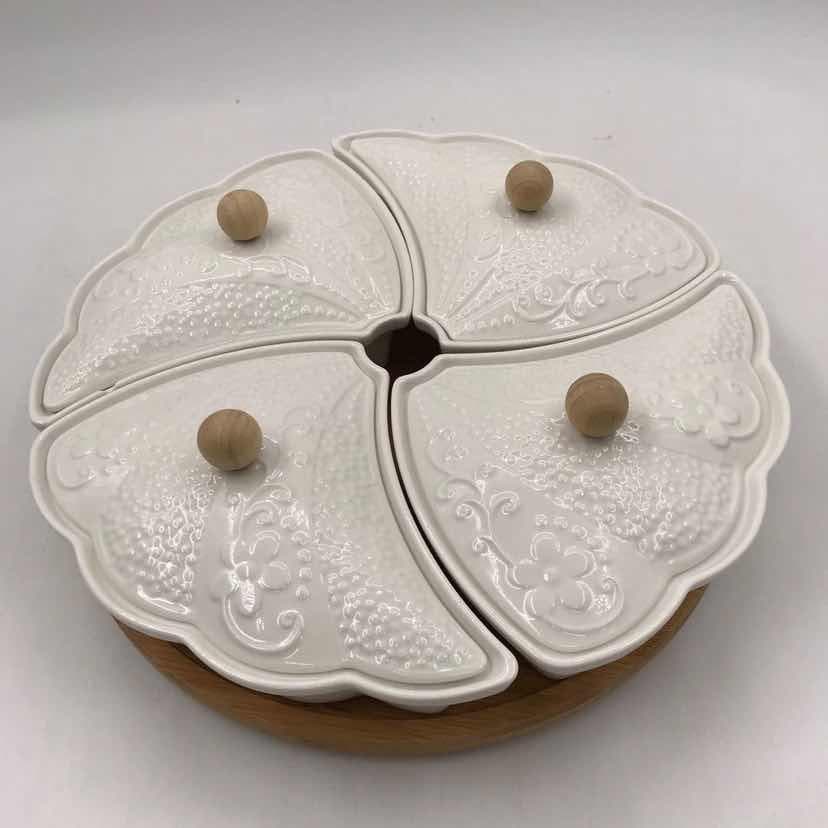 4-Section Floral-Embossed Ceramic Serving Set with Lids on Round Bamboo Base