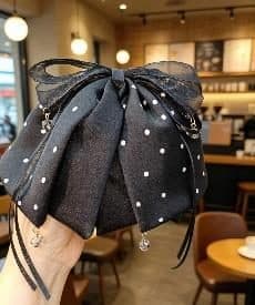 Black Polka Dot Mesh Bow Claw Clip with Pearls