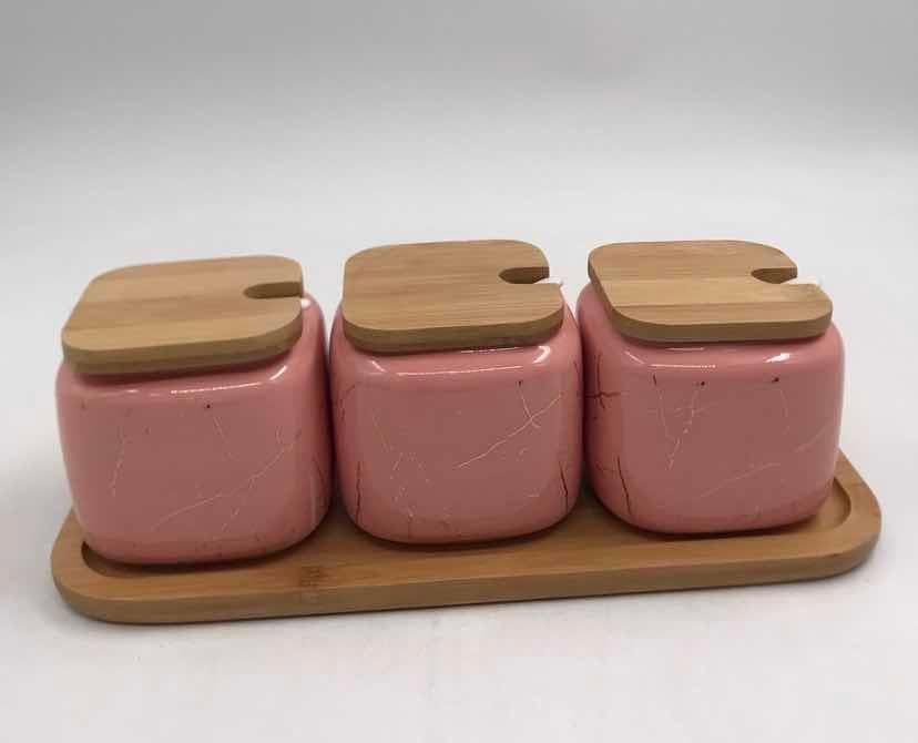 3-Piece Marble-Effect Ceramic Condiment Jar Set with Bamboo Lids on Bamboo Tray, Pink