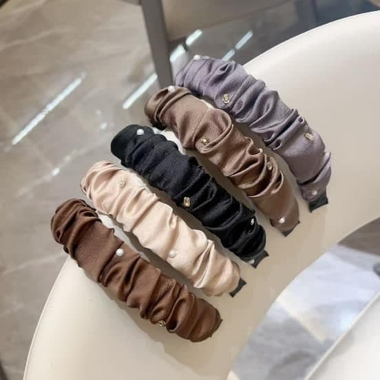 Satin Scrunchie Headband, Taupe, Brown and Lilac