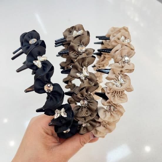 Flower Crystal Headband with Teeth, Black and Taupe