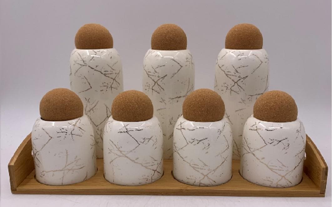 Marble-Effect Ceramic Canister and Oil Bottle Set with Cork Stoppers on Bamboo Tray