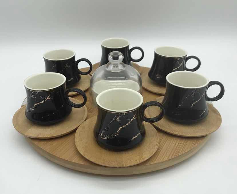 Black Marble-Effect Ceramic Coffee Cup Set with Saucers on Round Bamboo Tray