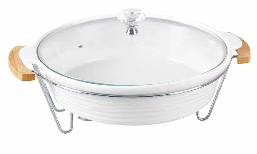 Oval Ribbed Ceramic Chafing Dish with Glass Lid and Bamboo-Handle Stand