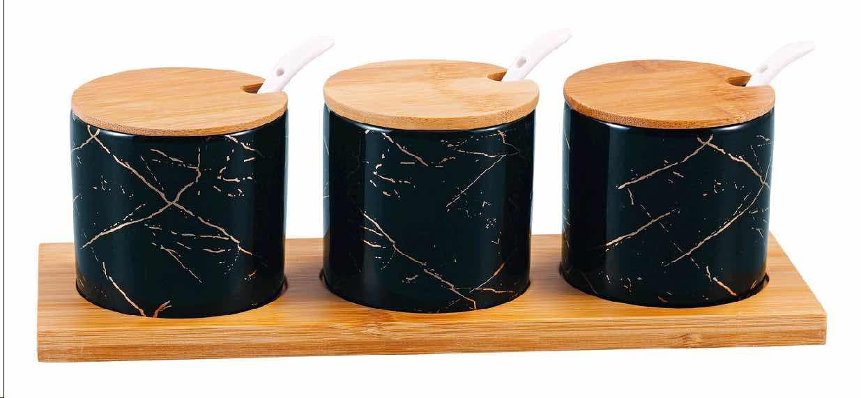 3-Piece Round Marble-Effect Ceramic Condiment Jar Set with Bamboo Lids and Spoons, Black