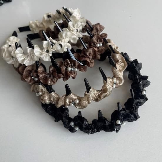 Ruffled Flower Headband with Teeth, Brown and Cream