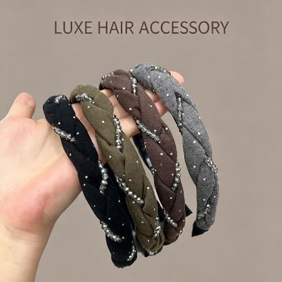 Braided Rhinestone Headband, Black and Olive
