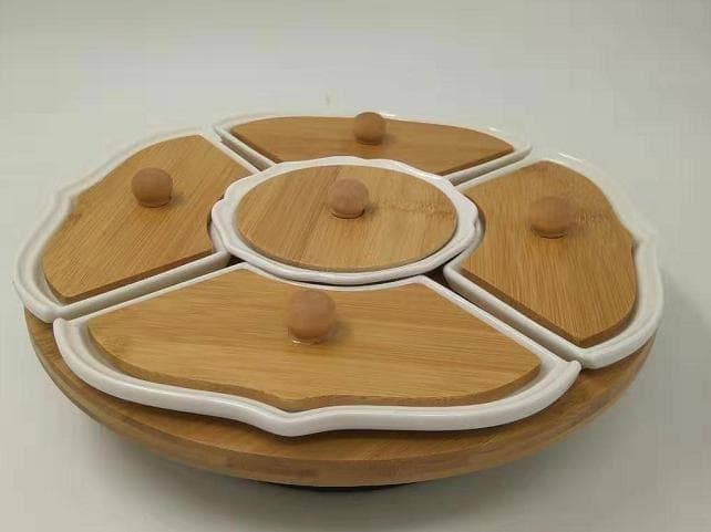 5-Section Ceramic Serving Set with Bamboo Lids on Round Bamboo Tray