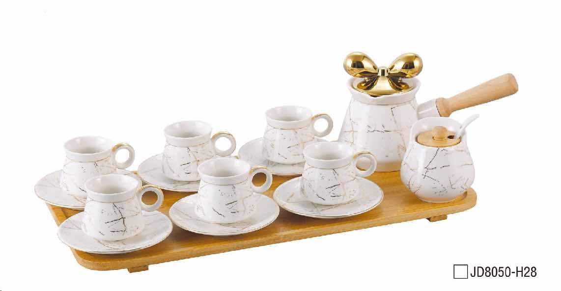 Marble-Effect Ceramic Turkish Coffee Set with Six Cups, Saucers and Pot on Bamboo Tray