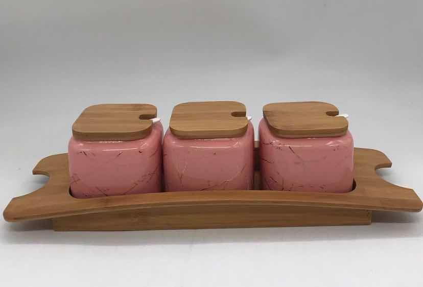3-Piece Marble-Effect Ceramic Condiment Jar Set on Curved Bamboo Stand, Pink