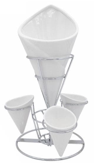 Ceramic Cone Serving Set with Four Cups on Metal Stand, White